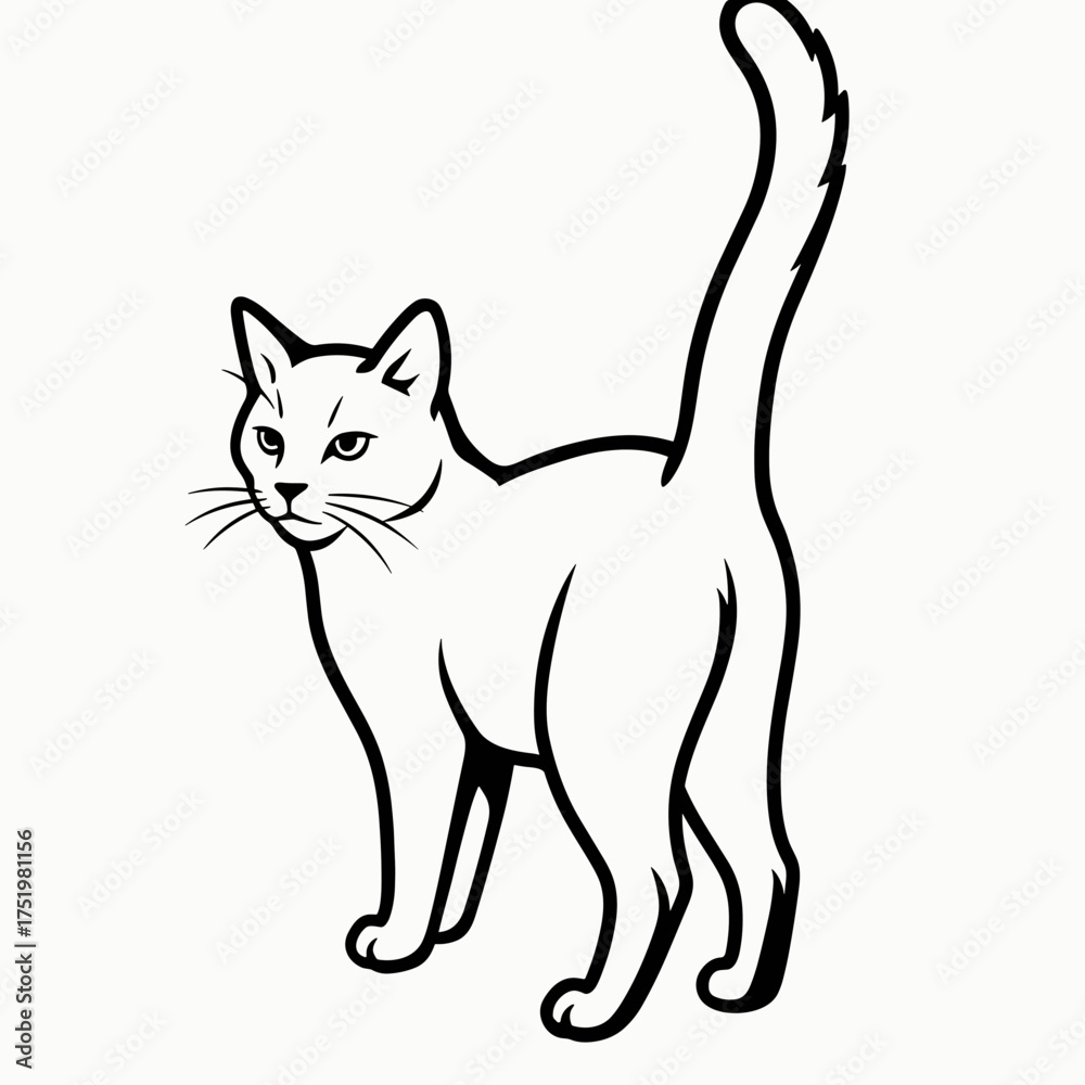 Obraz premium Cat standing with raised tail in black and white line art 