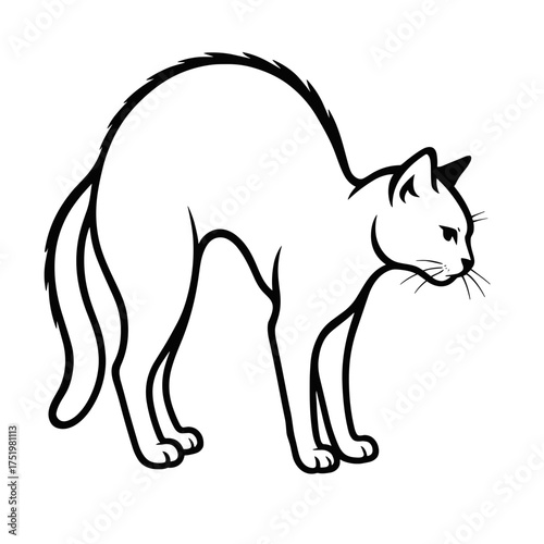 Realistic cat stretching with arched back illustration, minimal details, black and white vector, suitable for cutting plotter, no background
