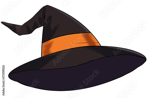 オレンジの帯が付いた黒い魔女の帽子のベクターイラスト。ハロウィンデザインやファンタジー作品の素材に最適な、シンプルでかわいい魔女帽子のカットアウトベクター画像です。｜魔女帽子,ハロウィン,ウィッチハット,帽子