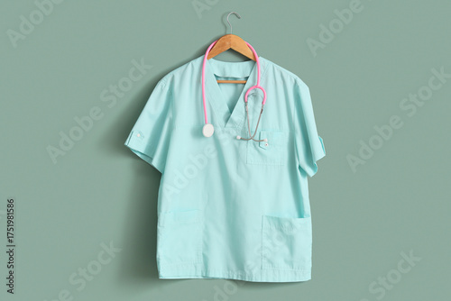 Medical scrubs and pink ste...