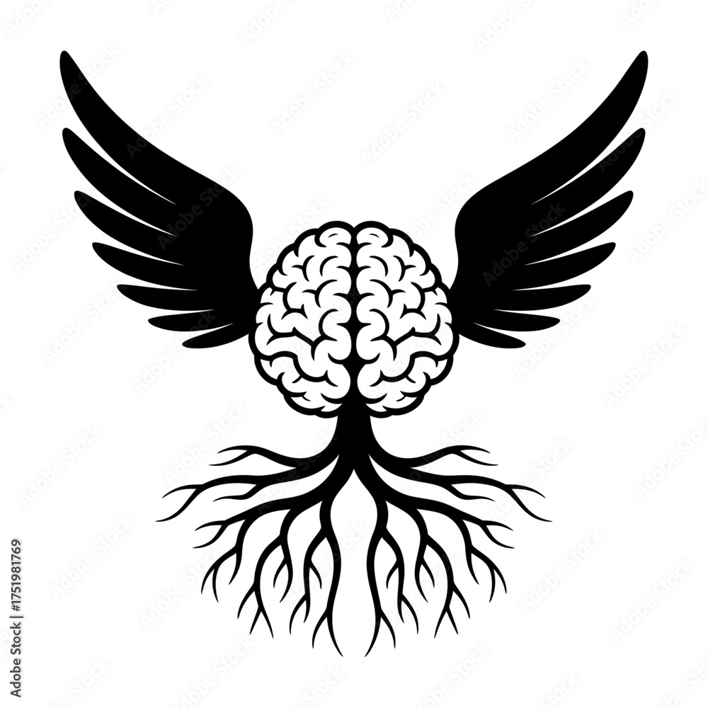 Fototapeta premium black silhouette of a brain with roots and wings symbolizing freedom of thought, growth, and creativity