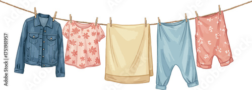 Illustration of laundry hanging on the line, isolated on white background