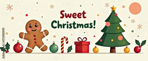 Sweet christmas greeting with a gingerbread man, christmas tree, candy cane, and gift box, decorated with ornaments and snowflakes