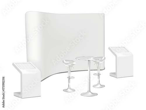 Exhibition set template. Blank white trade show backdrop banner stand, floor touch screen digital kiosks, bar table two chairs. Vector mock-up. Tradeshow booth mockup kit