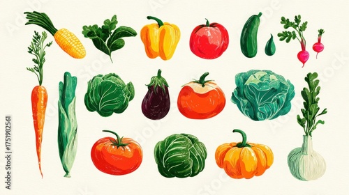 Fresh Harvest: Vibrant Watercolor Vegetables on Cream Background, Artistic Food Illustration