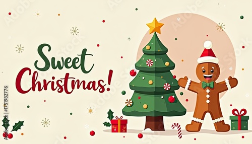 A cheerful illustration for christmas featuring a smiling gingerbread man, a decorated christmas tree, candy canes, and gift boxes, with the text sweet christmas, festive with scattered confetti