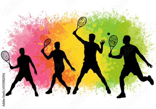 Colorful Tennis Player Silhouette Illustration with Paint Splash Background