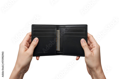 Hands holding open black leather wallet