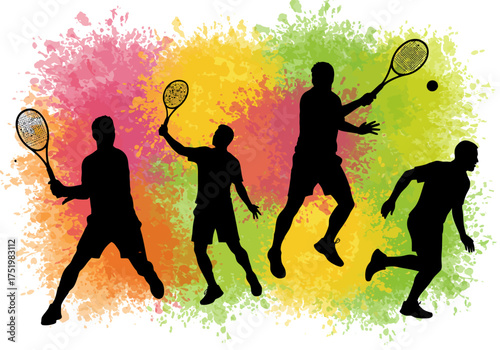 Colorful Tennis Player Silhouette Illustration with Paint Splash Background