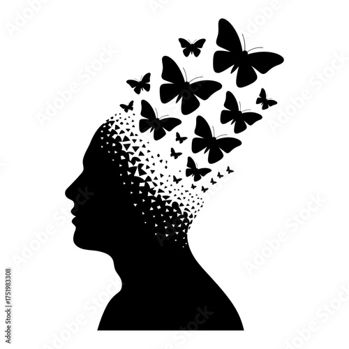 black silhouette vector of human head dissolving into butterflies symbolizing freedom, transformation, and release