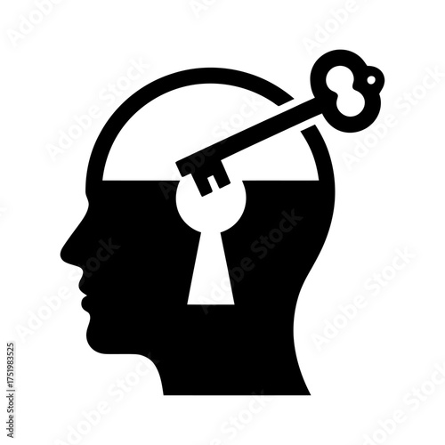 black silhouette vector of human head with key unlocking mind symbolizing knowledge, insight, and discovery