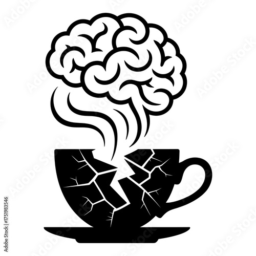 black silhouette vector of brain rising from cracked teacup symbolizing stress, burnout, and mental exhaustion