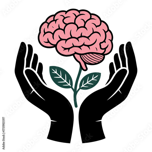 hands nurturing a blooming brain plant symbolizing mental growth, mindfulness, and emotional wellness
