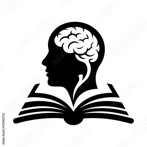 black silhouette vector of human head emerging from open book symbolizing knowledge, learning, and growth