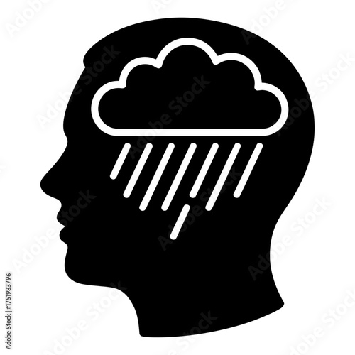 human head with raining cloud inside symbolizing sadness, stress, and mental health depression concept