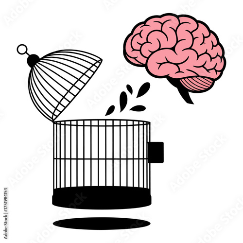 black silhouette vector of open cage releasing colorful brain symbolizing freedom, creativity, and imagination