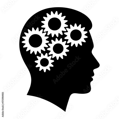 black silhouette vector of human head with gears symbolizing intelligence, innovation, and creative thinking