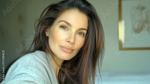 Stunning woman with long brown hair looks directly at the camera with a subtle smile. A beautiful, natural portrait showcasing healthy skin and soft lighting