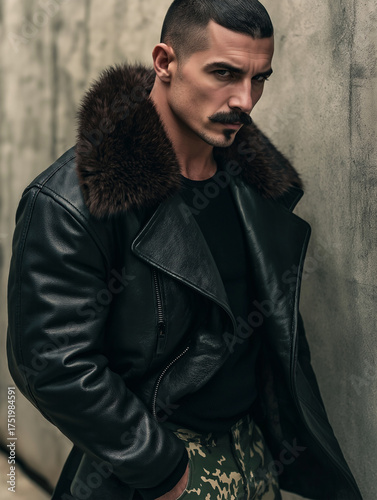 Stylish man in a black leather jacket with fur collar poses against a textured wall. Moody, fashionable portrait emphasizing masculine style