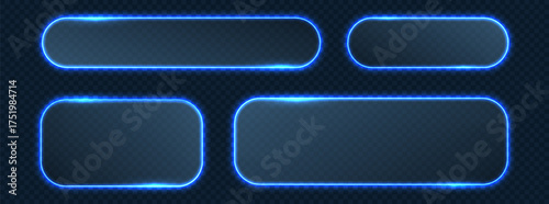 Neon light frames. Transparent glass buttons collection. Glowing blue UI frame elements for modern web design