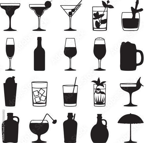 Black and White Drink Icons Collection Featuring Cocktails and Beverages