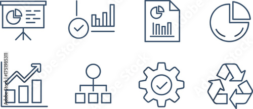 Business analytics and data presentation icons showing growth chart, pie graph, document, gear, recycle, and organization concept for management.