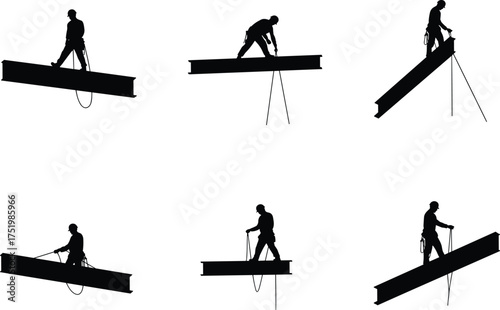 Construction workers silhouette on steel beams, industrial teamwork, safety gear, labor force, building site vector illustration for architecture, engineering, and infrastructure themes