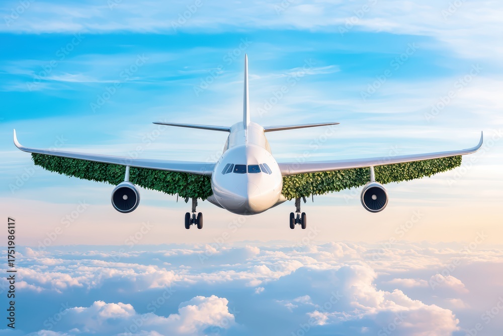 Obraz premium Sustainable aviation concept. Sustainable Aviation Concept with Airplane Covered in Greenery Flying Above the Clouds in a Beautiful Sky at Dusk