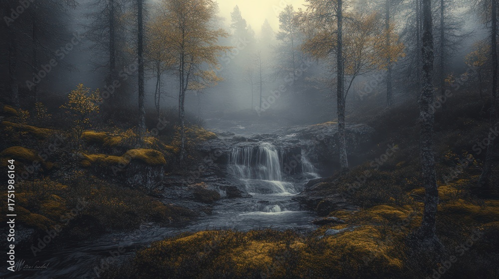 Obraz premium Misty Autumn Forest Waterfall