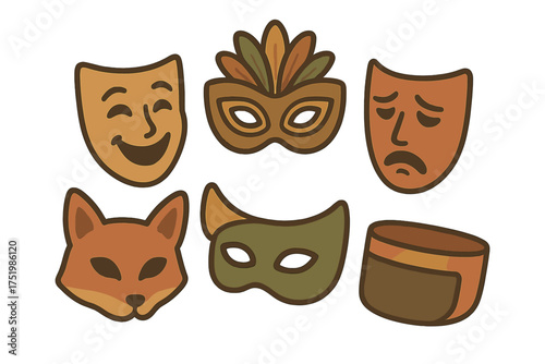 Theatrical comedy tragedy and masquerade masks set in brown and green colors