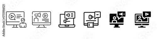 Set of online video communication and webinar icons, virtual meeting, video chat, digital conference symbols in outline and filled styles, Online Webinar, Video Conference, Virtual Meeting Icon