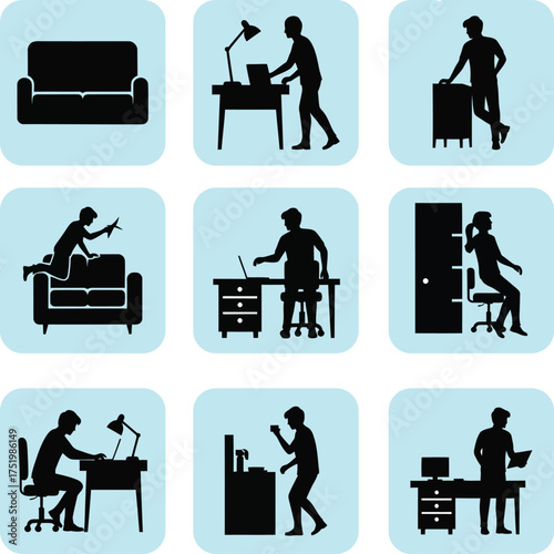 Diverse activities in a home office depicted through silhouette icons on blue squares