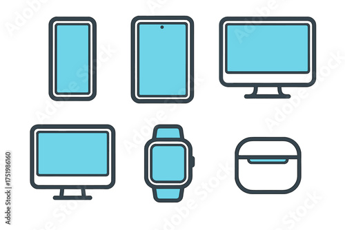 Modern digital devices set including smartphone tablet monitor and smartwatch