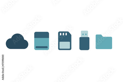 Digital data storage icons set including cloud, memory card, USB drive, and folder symbols