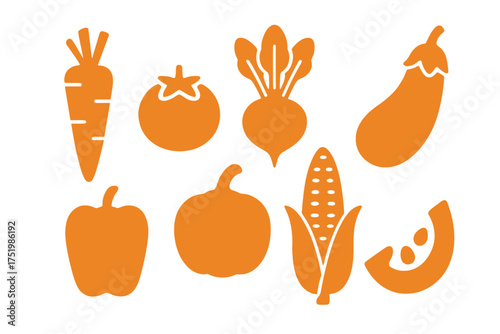Stylized orange vegetable silhouettes including carrot tomato eggplant and corn