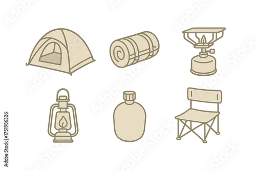 Essential outdoor camping gear including tent sleeping bag stove and lantern