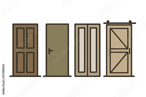 Collection of various architectural doors: paneled, solid, french, and sliding barn styles