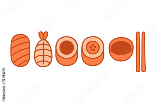 Minimalist set of Japanese sushi rolls nigiri shrimp and chopsticks symbols