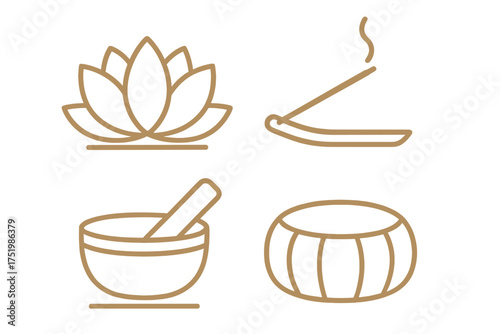 Holistic wellness and spa symbols: lotus flower, smoking incense, mortar and pestle, meditation cushion