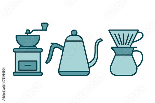 Manual coffee brewing set with hand grinder, gooseneck kettle, and pour-over dripper system