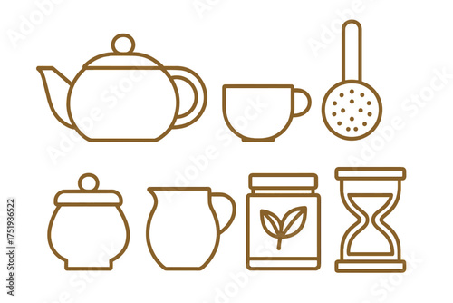 Outline symbols for tea preparation accessories: teapot, cup, strainer, sugar bowl, and timer