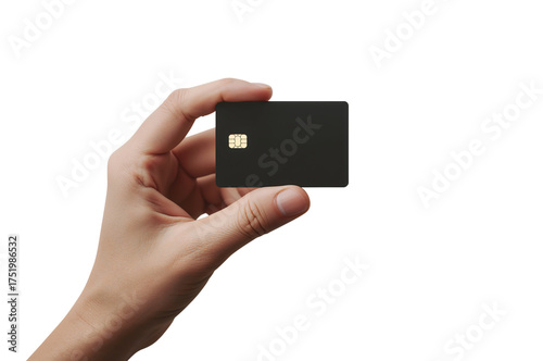 Credit card in a left hand, black with gold square chip on transparent background featuring black credit card, gold chip, hand holding card