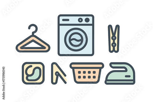 Collection of essential household appliances and tools used for laundry and domestic cleaning tasks