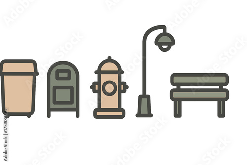 Collection of essential urban street elements including bench, lamp post, fire hydrant, and trash bins