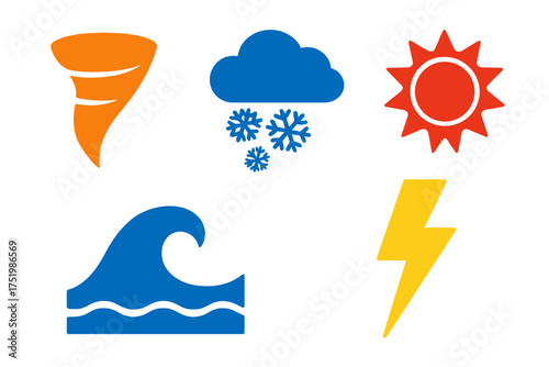 Collection of severe weather symbols: tornado, snowfall, sun, ocean wave, and lightning