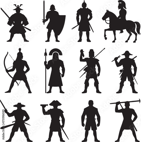 Collection of Ancient Warriors and Soldiers Silhouettes Depicting Various Cultures