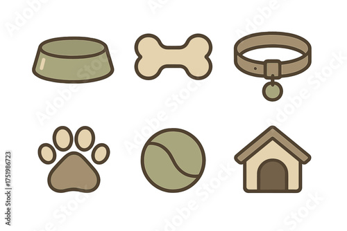 Set of essential dog accessories and pet supplies including bowl bone collar and house
