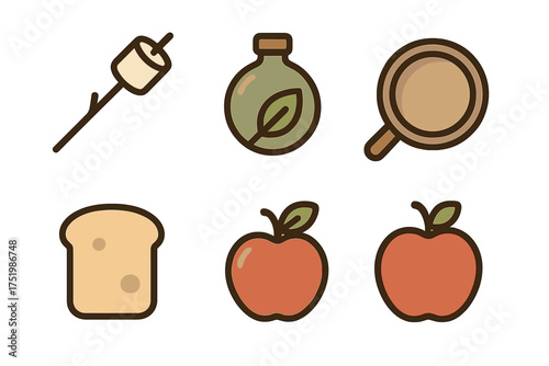 Simple outdoor cooking and camping food items: marshmallow, canteen, frying pan, bread, and apples
