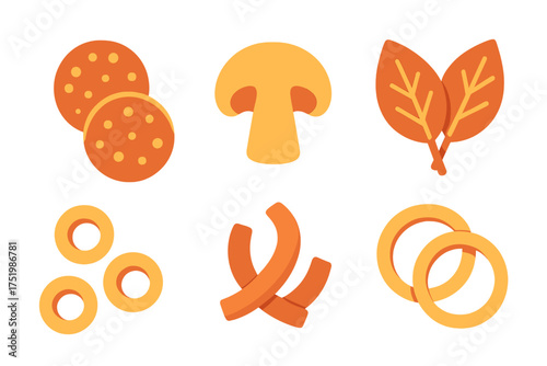 Stylized set of popular pizza toppings including pepperoni, mushrooms, spinach, and bacon