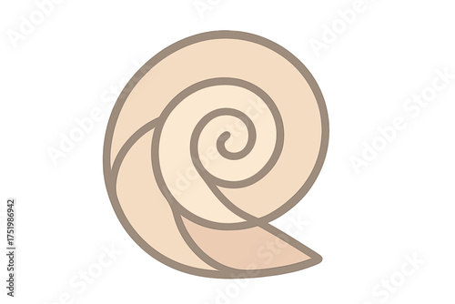 Stylized spiral seashell with muted beige and brown colors on a clean white background